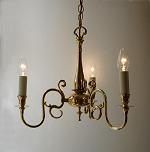 Three arm Dutch hanging lamp in polished brass with candle bulbs